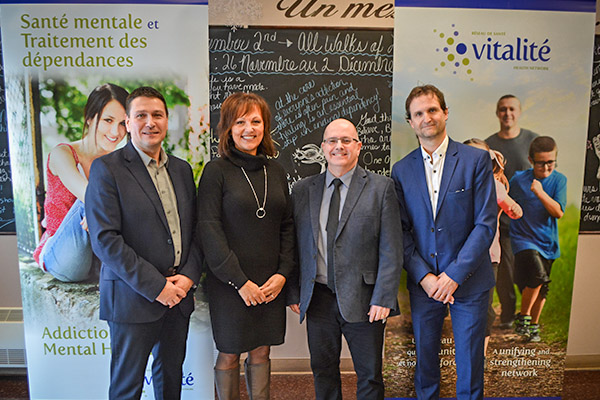 From left to right:  Gino Mallais, Manager – Addiction Services; Gaëtane Hachey, Acting Regional Assistant Director of Addiction and Mental Health Services; Bernard Goguen, Health Consultant - Addiction & Mental Health Services; Rino Lang, Regional Director of Adult Mental Health and Addiction Services at Vitalité Health Network.  